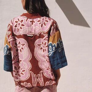 By Anthropologie Short-Sleeve Printed Linen Button down Shirt 3X Plus Size